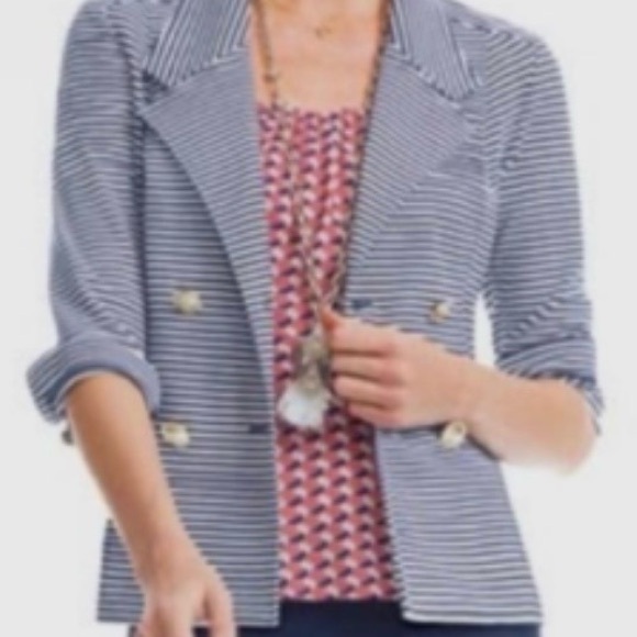 CAbi Blue White Striped Double Breasted Nautical Blazer Gold buttons preppy L - Picture 2 of 15